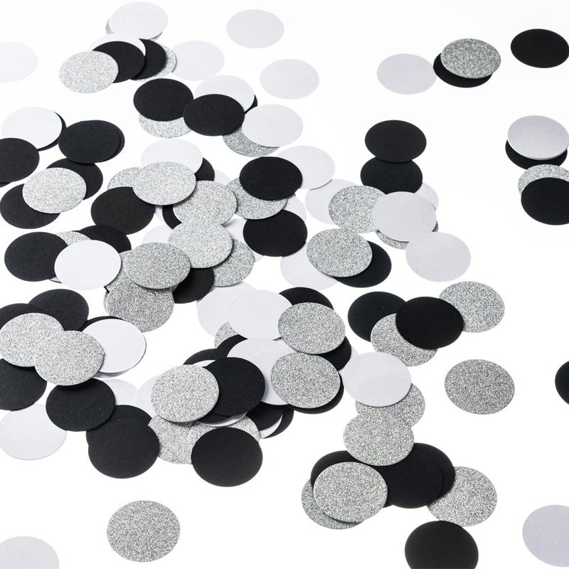 MOWO Glitter Paper Circle Dots Confetti Wedding Birthday Theme Party Table Decoration Glitter Silver  Black and White  1.2 inch  200pc - Image 1